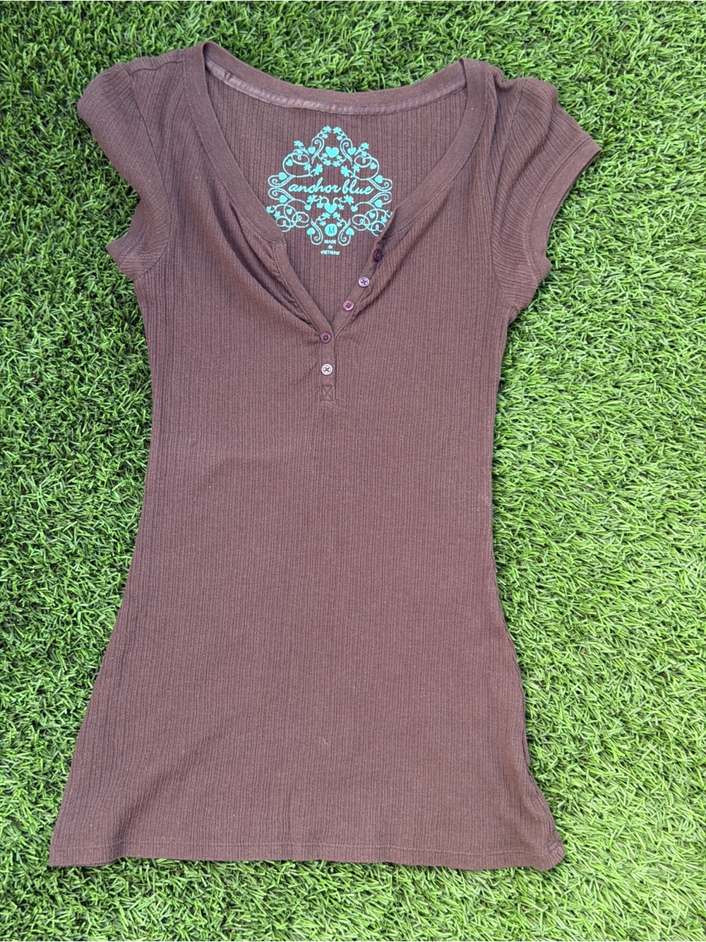 anchor blue Brown Ribbed Short Sleeve Henley Top